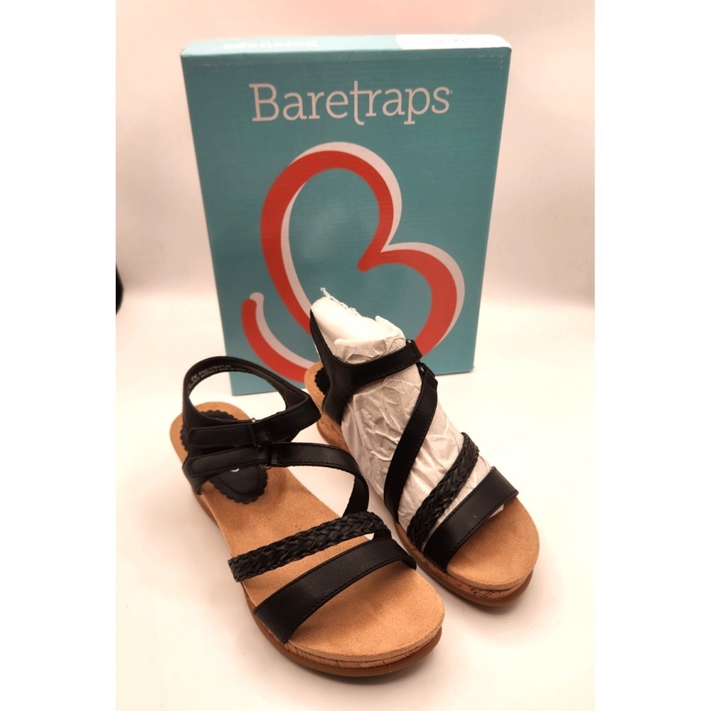 Baretraps Sandals Women 6 M Finna Ankle Strap Black Faux Leather Wedge Heels NEW